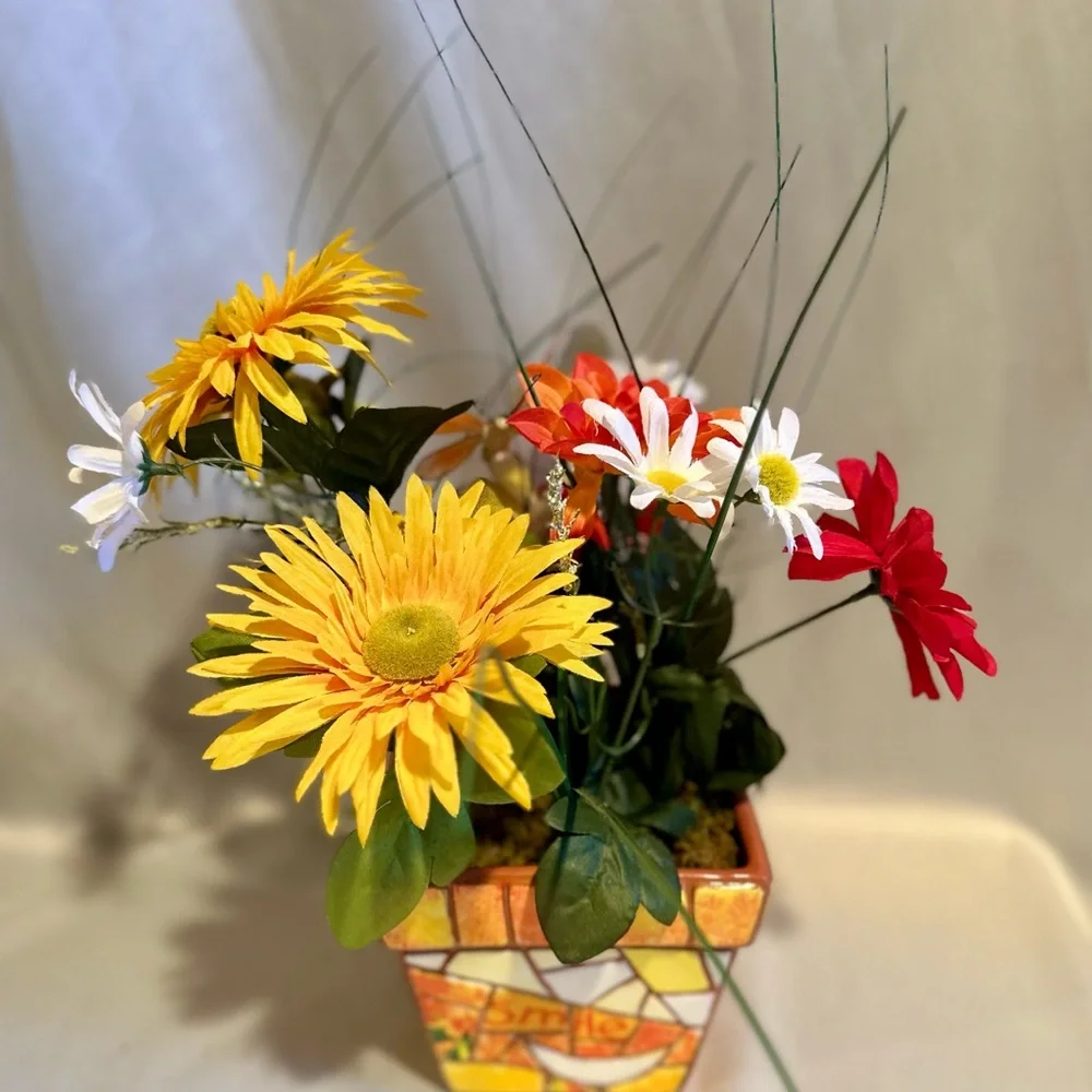 Daisy Floral Arrangement in Mosaic Ceramic Pot Yellow Orange Red
